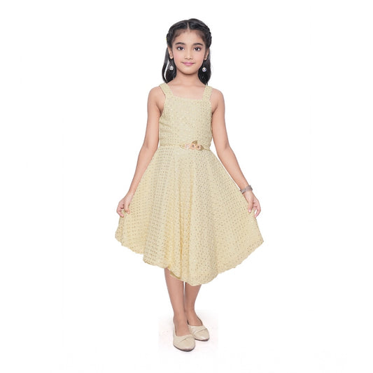 Amfyn Girl's Shiffon Chicken Printed Sleeve Less Round Neck Dress (Yellow)