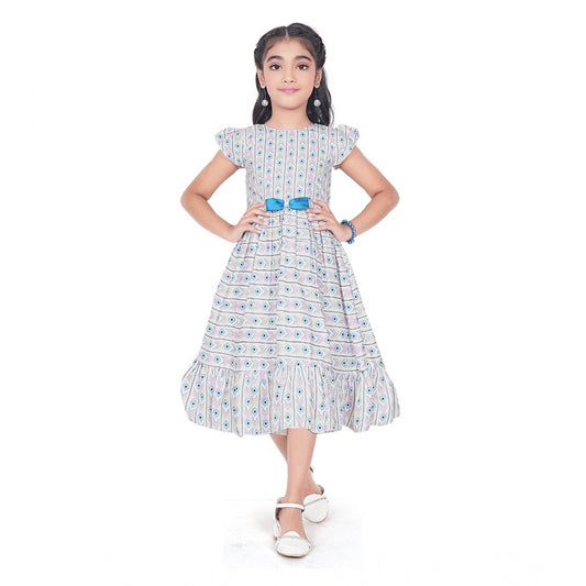 Amfyn Girl's Twill Printed Short Sleeve Round Neck Dress (Grey)