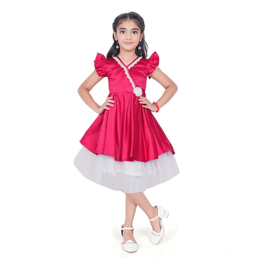 Amfyn Girl's Satin Soild Short Sleeve V Neck Dress (Pink)