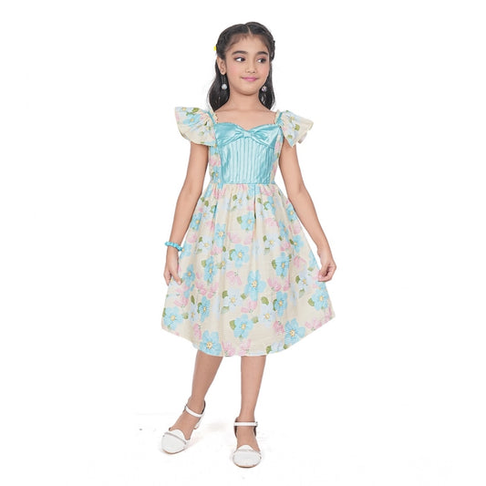 Amfyn Girl's Popcorn Printed Short Sleeve Squre Neck Dress (Sky Blue)