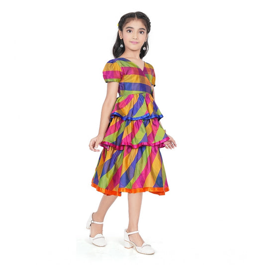 Amfyn Girl's Taffeta Silk Striped Short Sleeve V Neck Dress (Multicolor)