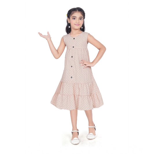 Amfyn Girl's Slub Printed Sleeve Less Round Neck Dress (Brown)