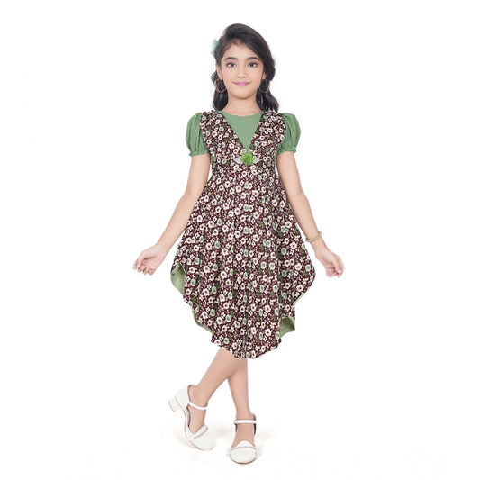 Amfyn Girl's Twill Printed Short Sleeve Round Neck Dress (Green)