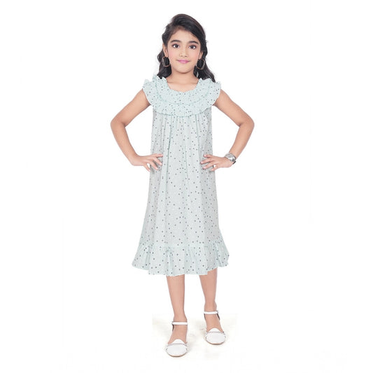 Amfyn Girl's Heavy Pc Printed Sleeve Less Round Neck Dress (Light Blue)