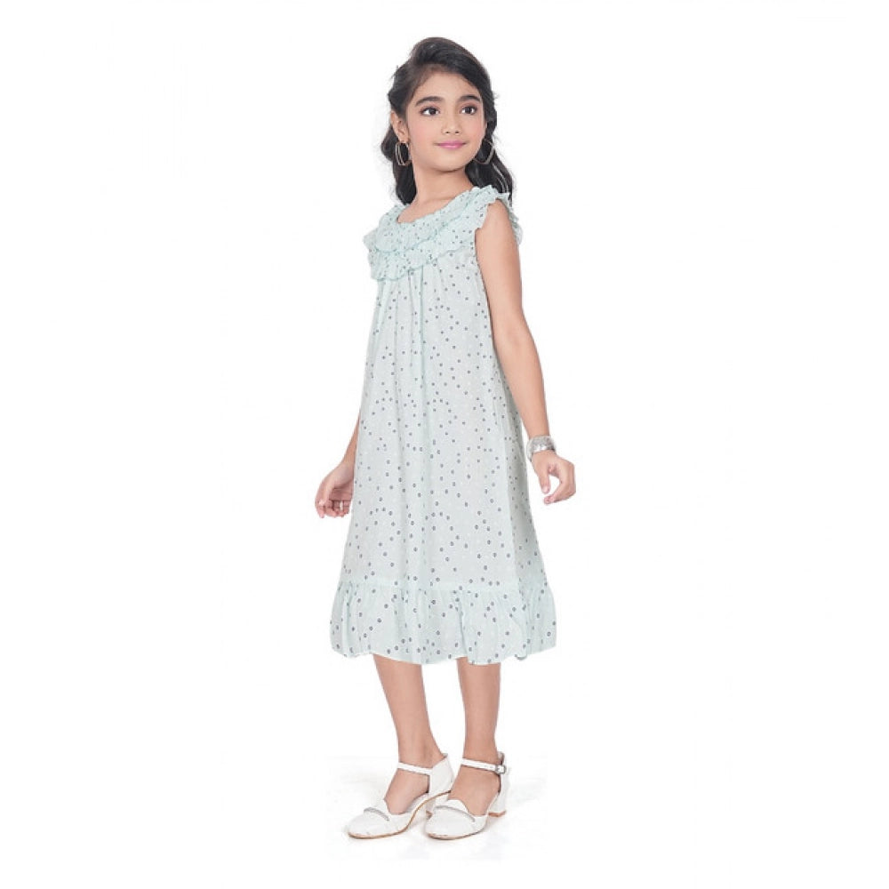 Amfyn Girl's Heavy Pc Printed Sleeve Less Round Neck Dress (Light Blue)