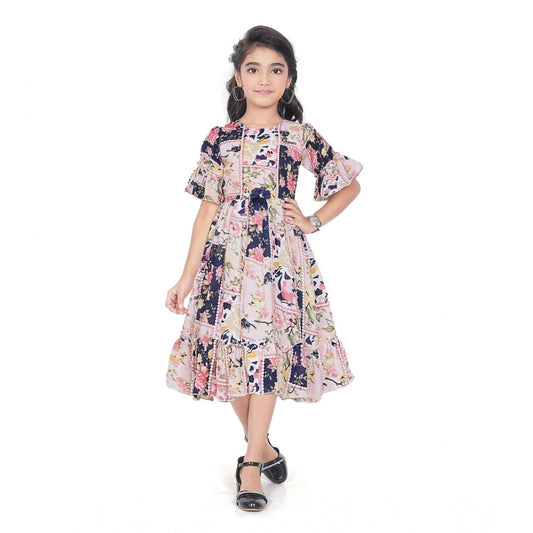 Amfyn Girl's Shiffon Printed Half Sleeve Round Neck Dress (Peach)