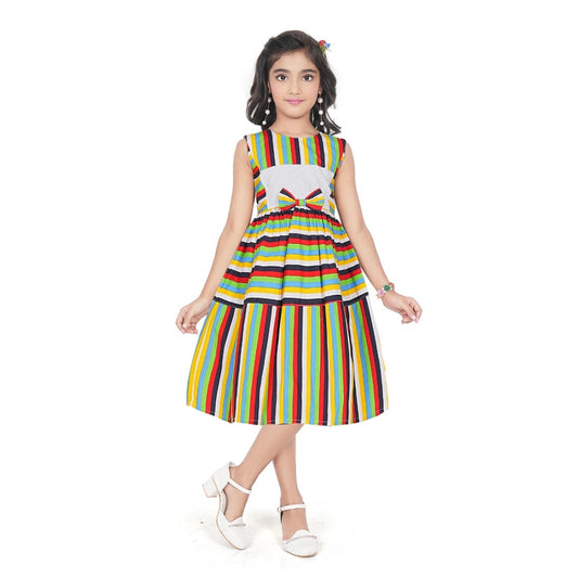 Amfyn Girl's Pure Cotton Striped Sleeve Less Round Neck Dress (Multicolor)