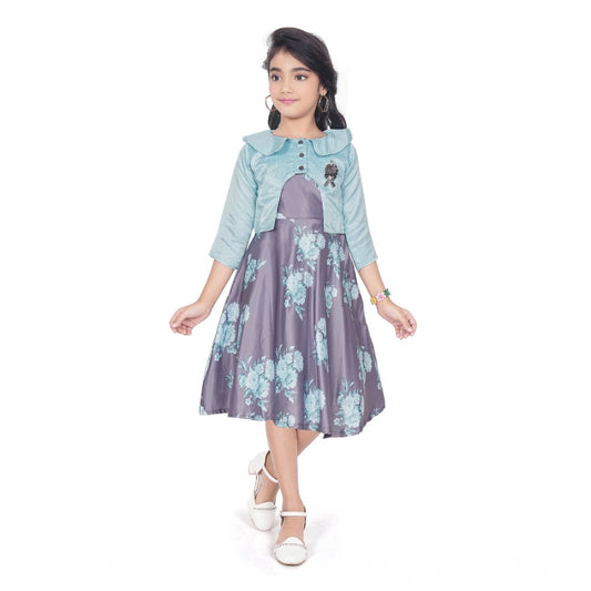 Amfyn Girl's Satin Printed Sleeve Less Round Neck Dress (Sea Green)