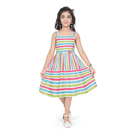 Amfyn Girl's Cotton Striped Sleeve Less Squre Neck Dress (Multicolor)