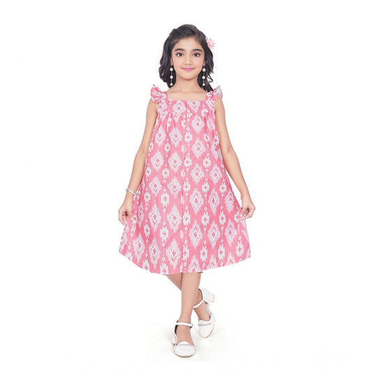 Amfyn Girl's Cotton Printed Sleeve Less Squre Neck Dress (Pink)