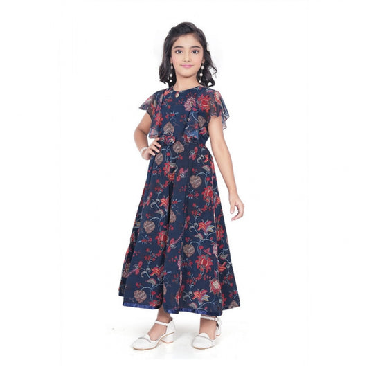 Amfyn Girl's Shiffon Printed Short Sleeve Round Neck Dress (Blue)
