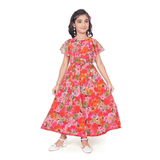 Amfyn Girl's Shiffon Printed Short Sleeve Round Neck Dress (Multicolor)
