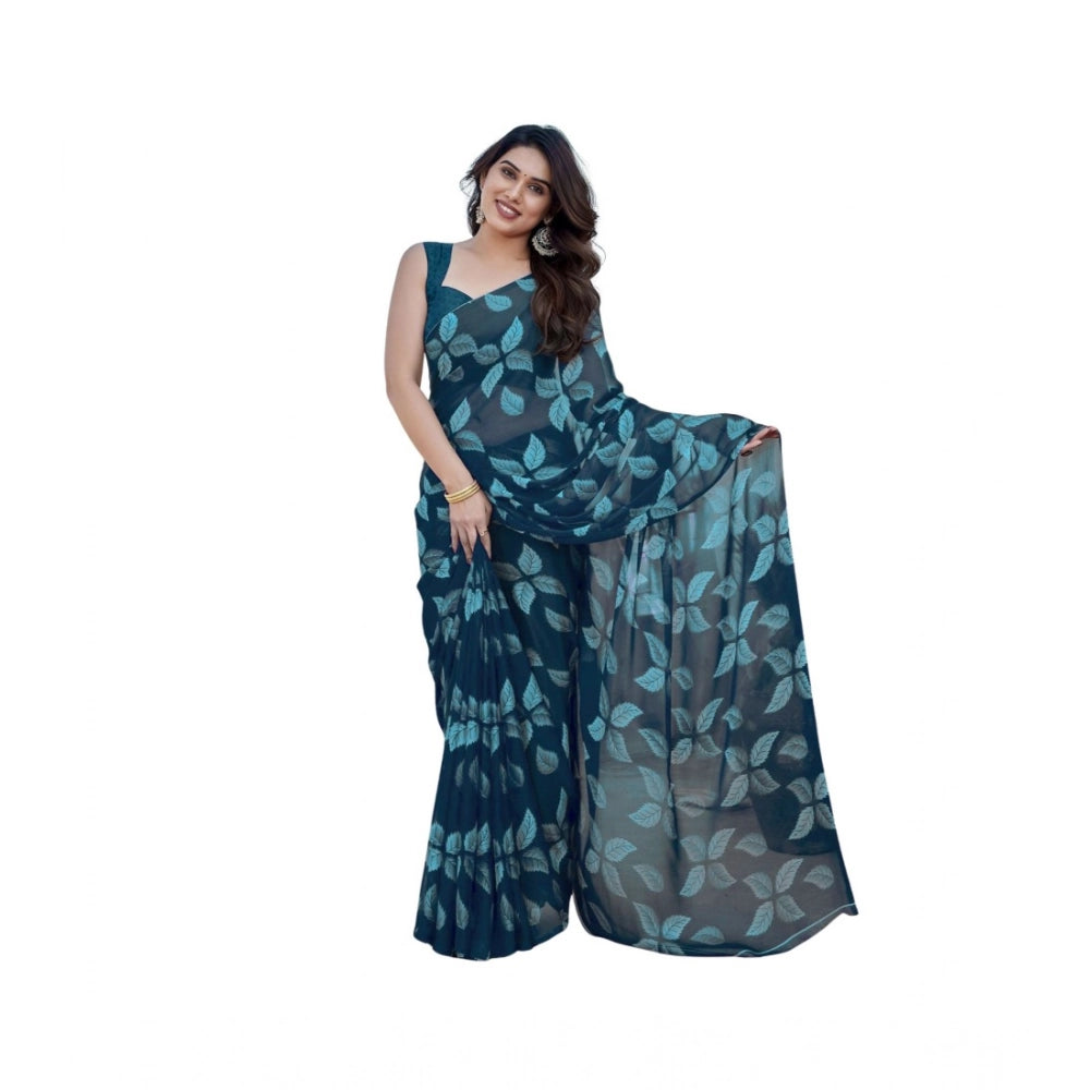 Amfyn Women's Chiffon Printed Saree With Unstitched Blouse 5.5Mtr (Blue)