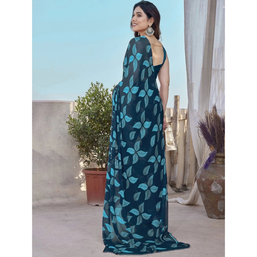 Amfyn Women's Chiffon Printed Saree With Unstitched Blouse 5.5Mtr (Blue)