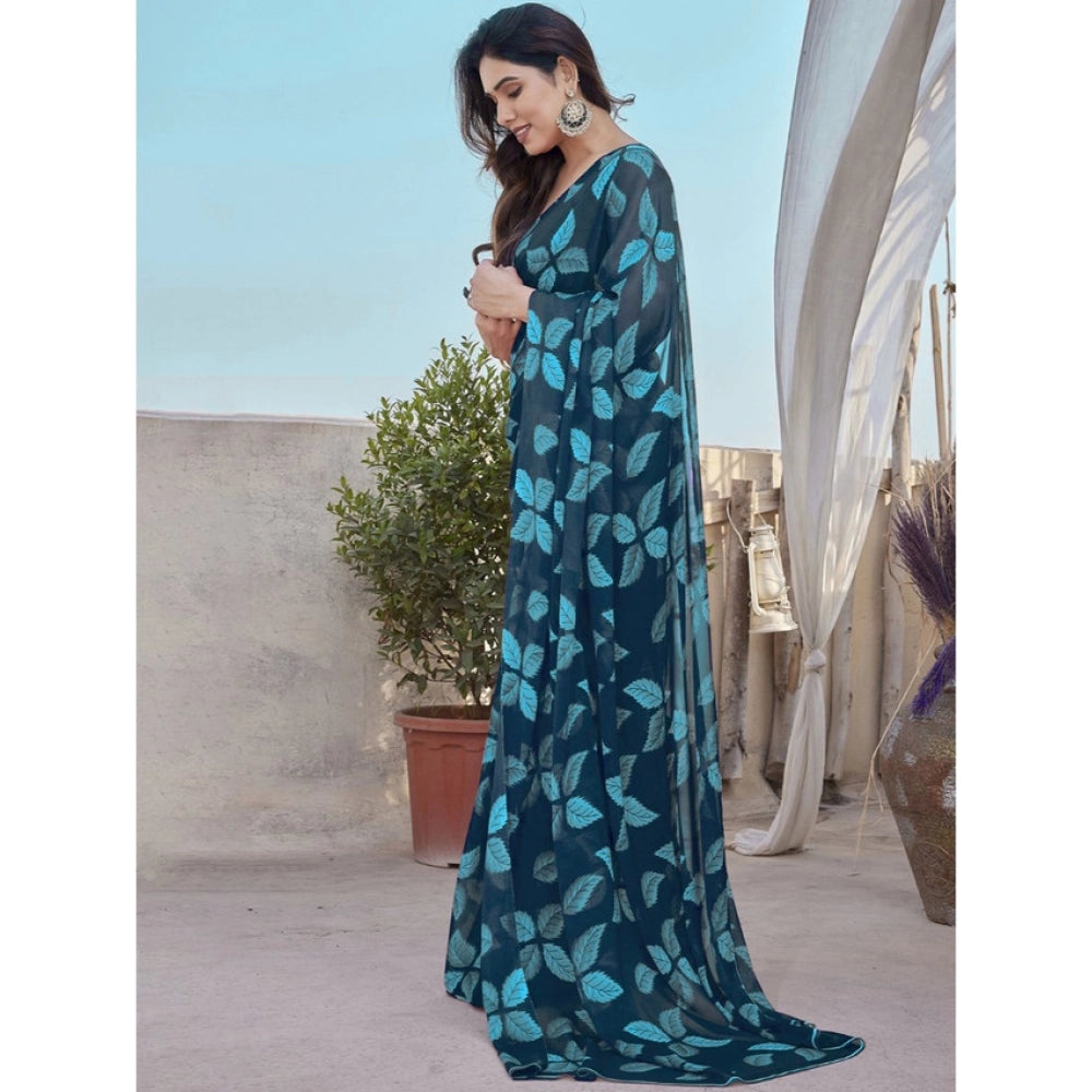 Amfyn Women's Chiffon Printed Saree With Unstitched Blouse 5.5Mtr (Blue)