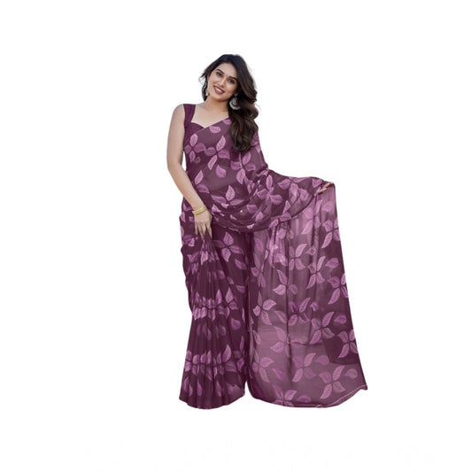 Amfyn Women's Chiffon Printed Saree With Unstitched Blouse 5.5Mtr (Purple)
