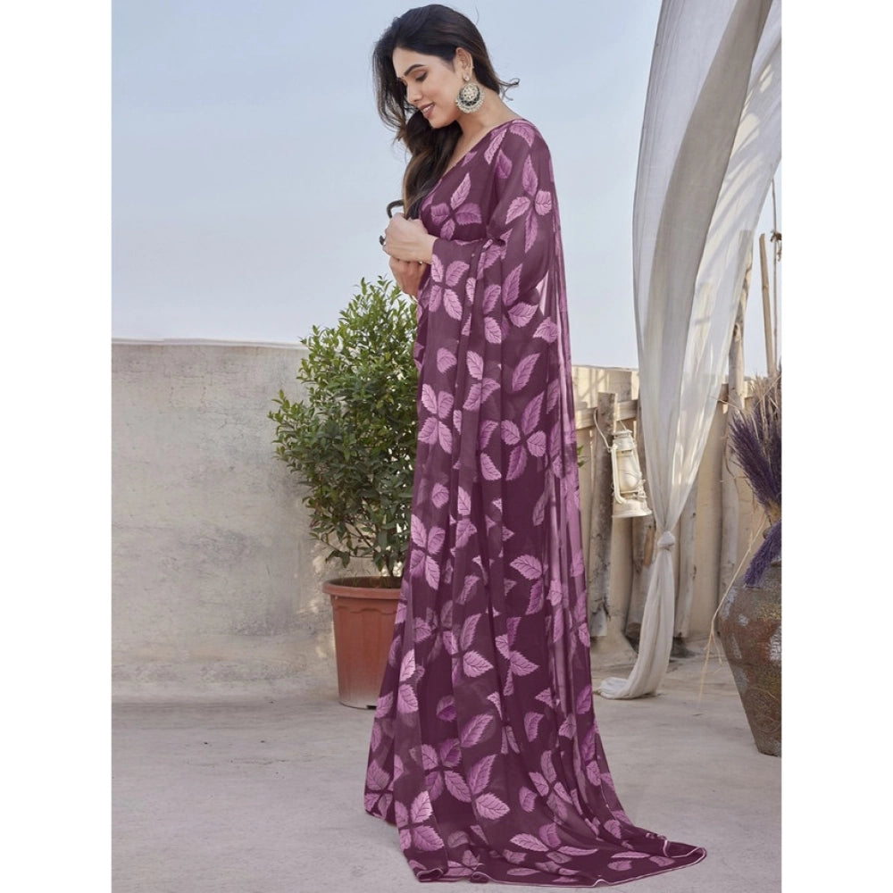 Amfyn Women's Chiffon Printed Saree With Unstitched Blouse 5.5Mtr (Purple)