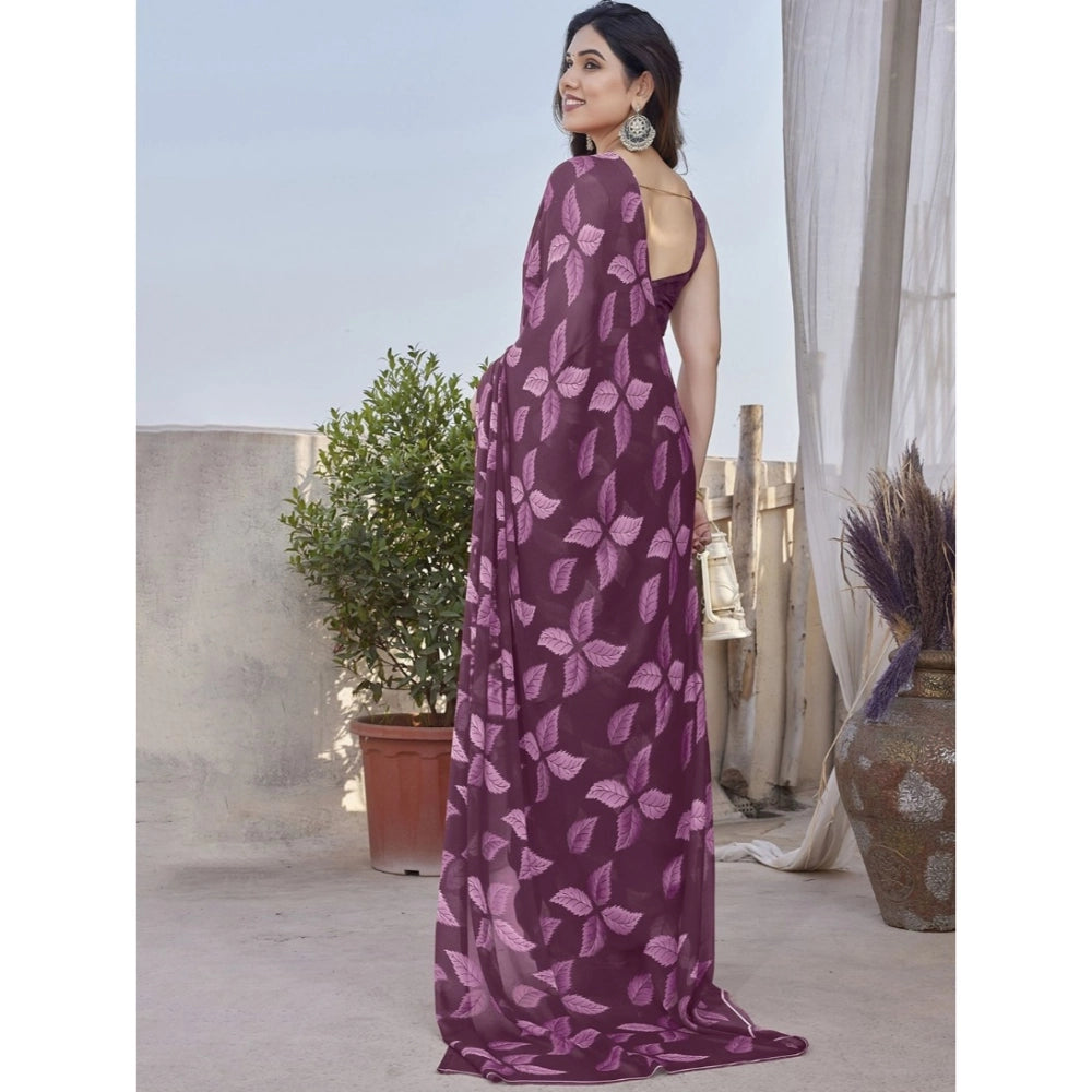 Amfyn Women's Chiffon Printed Saree With Unstitched Blouse 5.5Mtr (Purple)