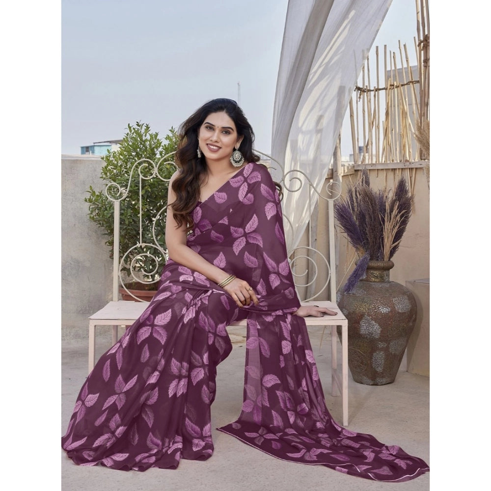 Amfyn Women's Chiffon Printed Saree With Unstitched Blouse 5.5Mtr (Purple)