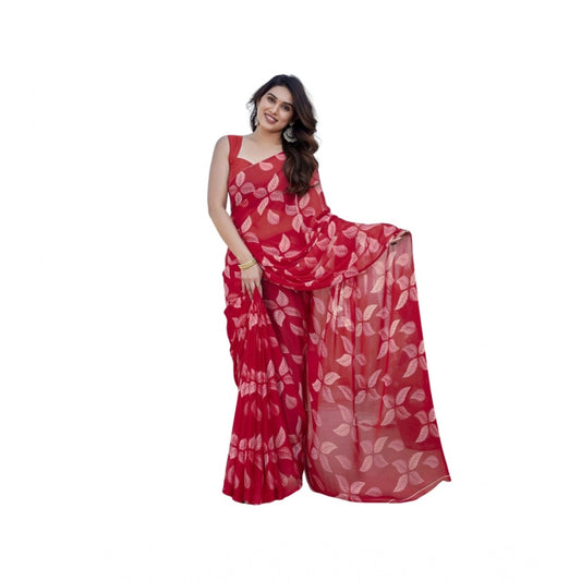 Amfyn Women's Chiffon Printed Saree With Unstitched Blouse 5.5Mtr (Red)
