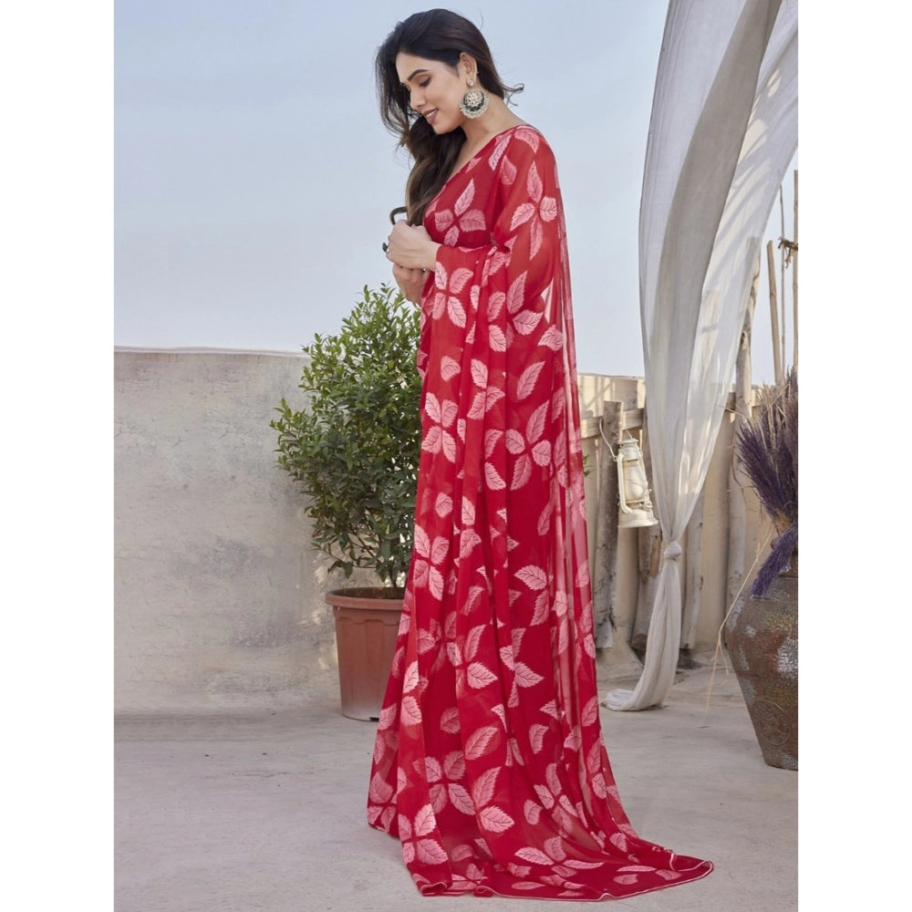 Amfyn Women's Chiffon Printed Saree With Unstitched Blouse 5.5Mtr (Red)