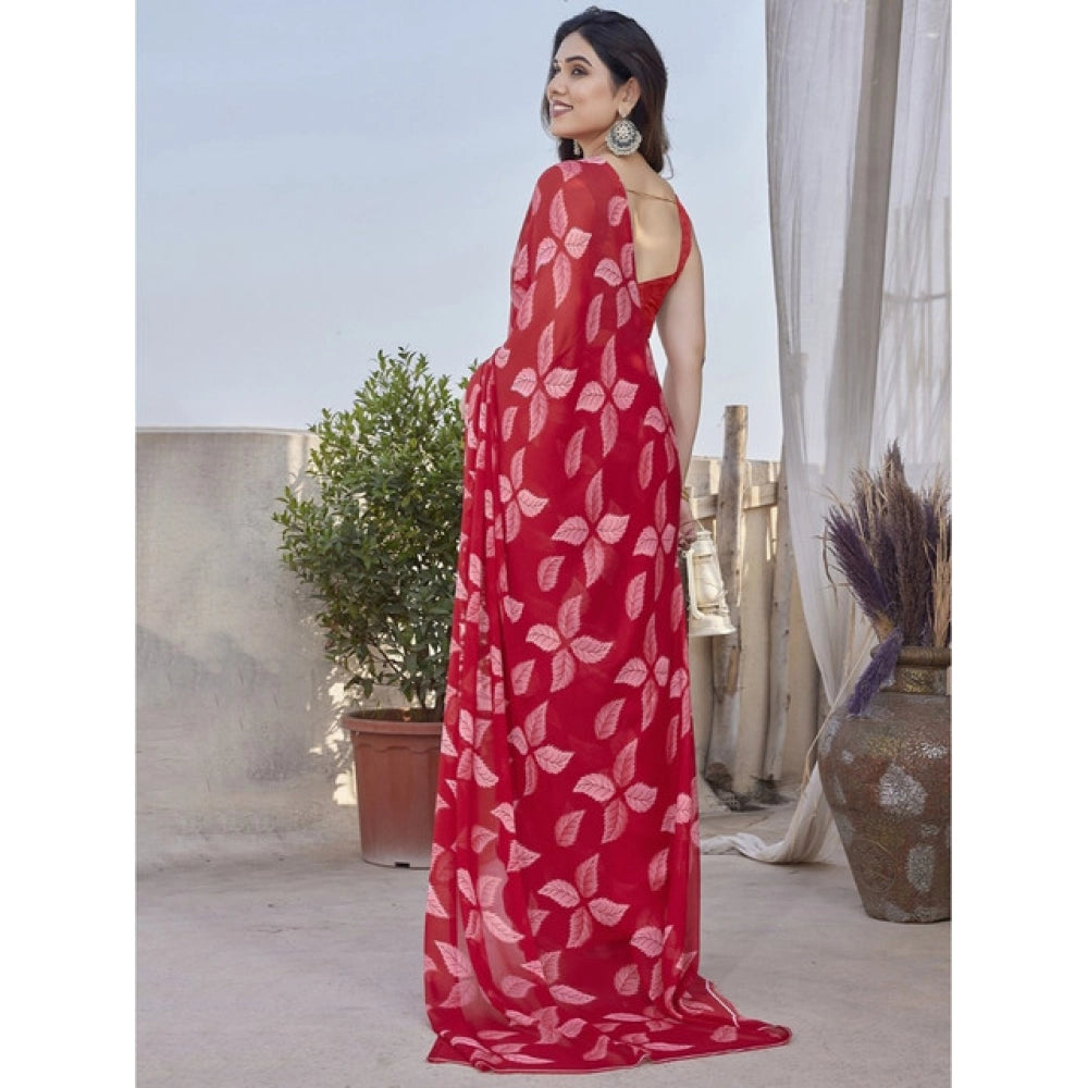 Amfyn Women's Chiffon Printed Saree With Unstitched Blouse 5.5Mtr (Red)