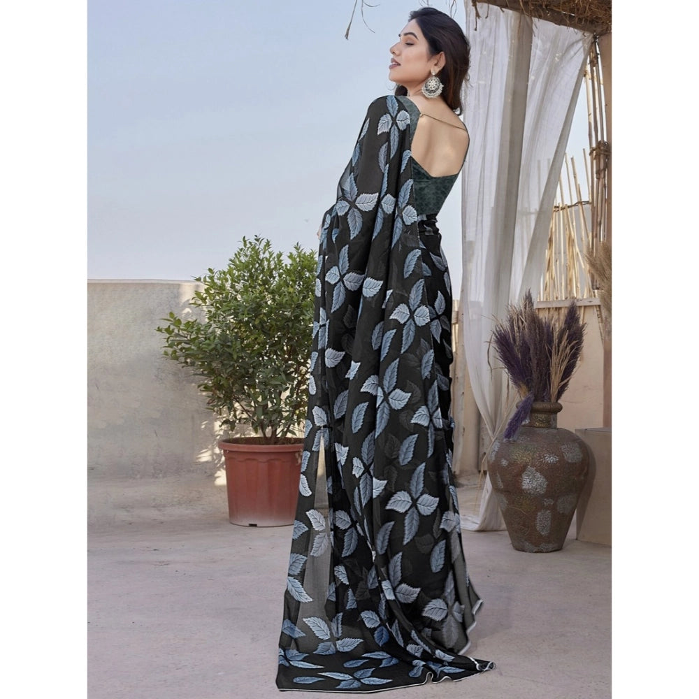Amfyn Women's Chiffon Printed Saree With Unstitched Blouse 5.5Mtr (Black)