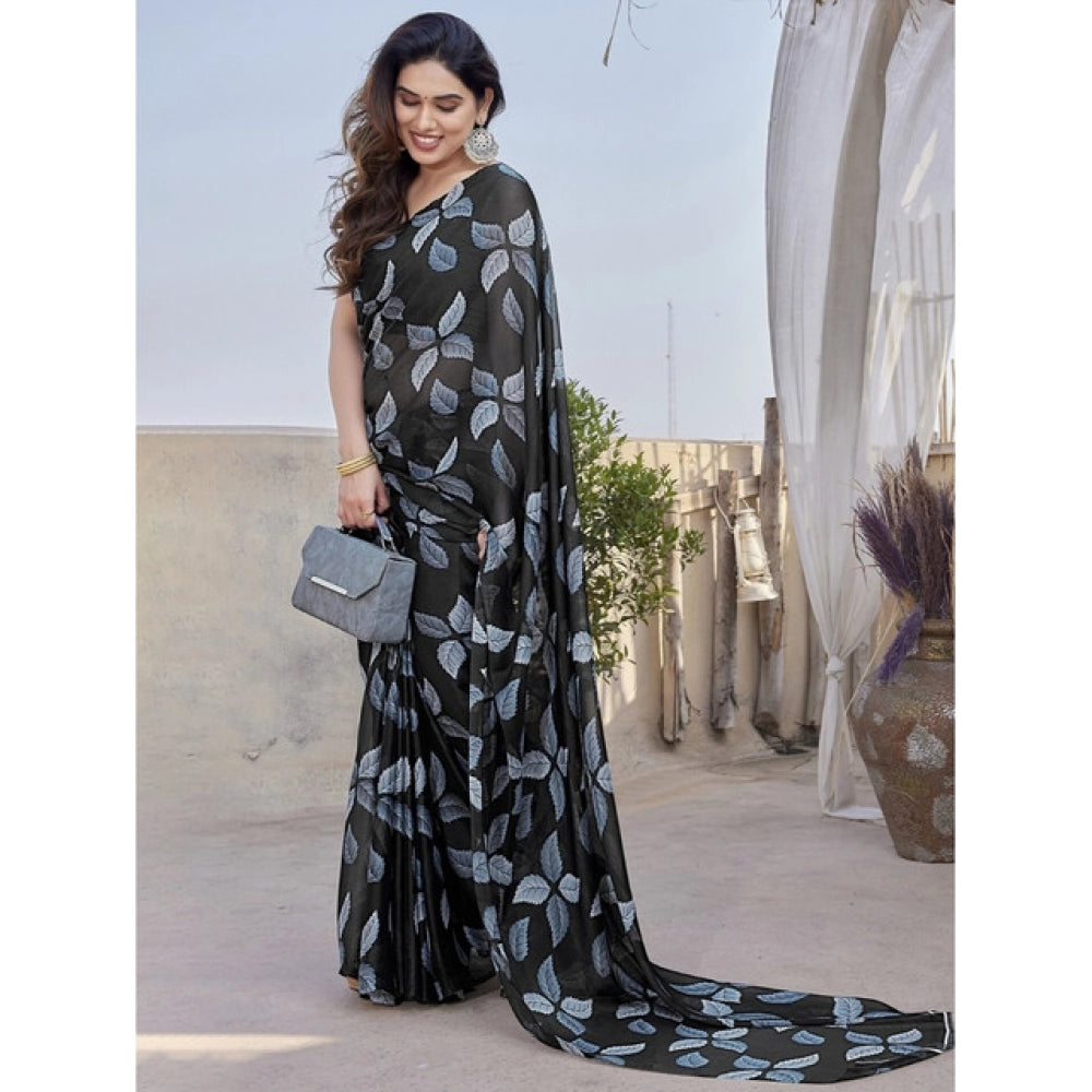 Amfyn Women's Chiffon Printed Saree With Unstitched Blouse 5.5Mtr (Black)