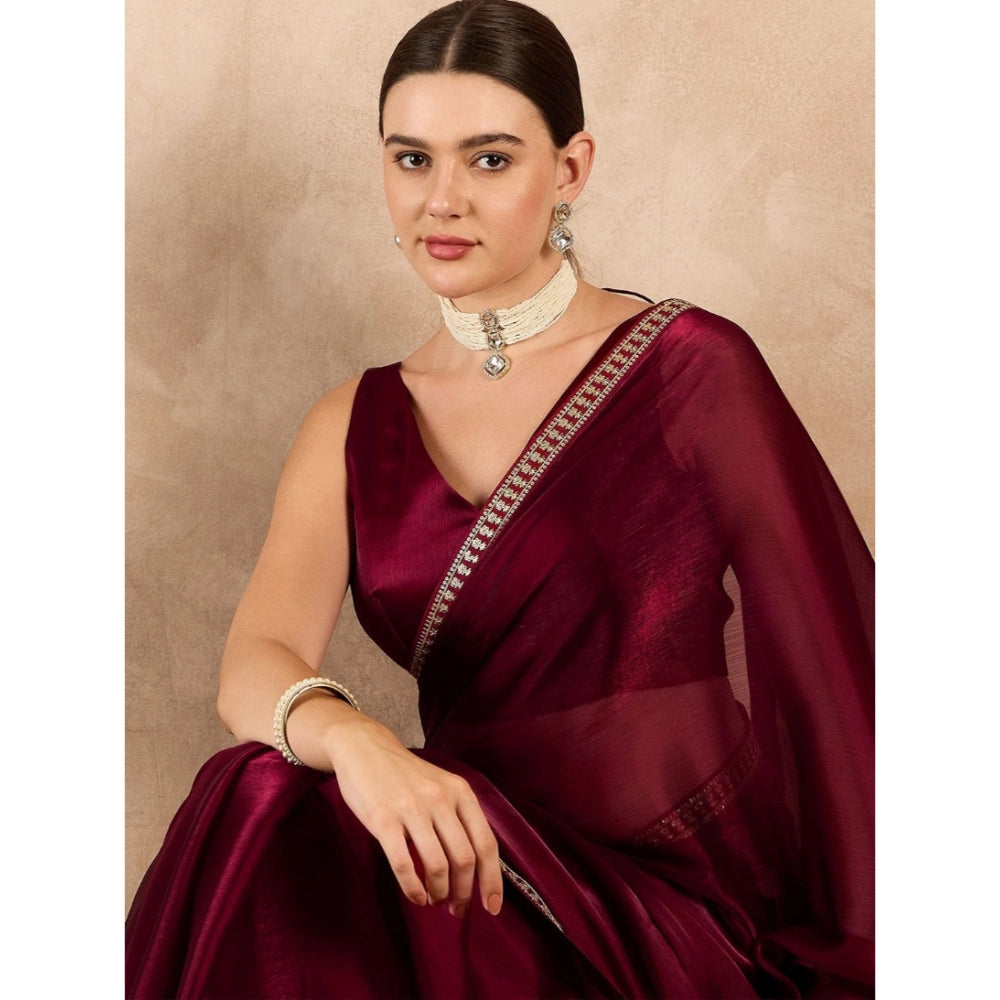 Amfyn Women's Jimmy Choo solid Saree With Unstitched Blouse 5.5Mtr (Wine )