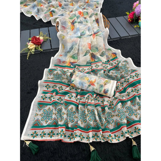 Amfyn Women's Linen Cotton  Printed Saree With Unstitched Blouse 5.5Mtr (Green)