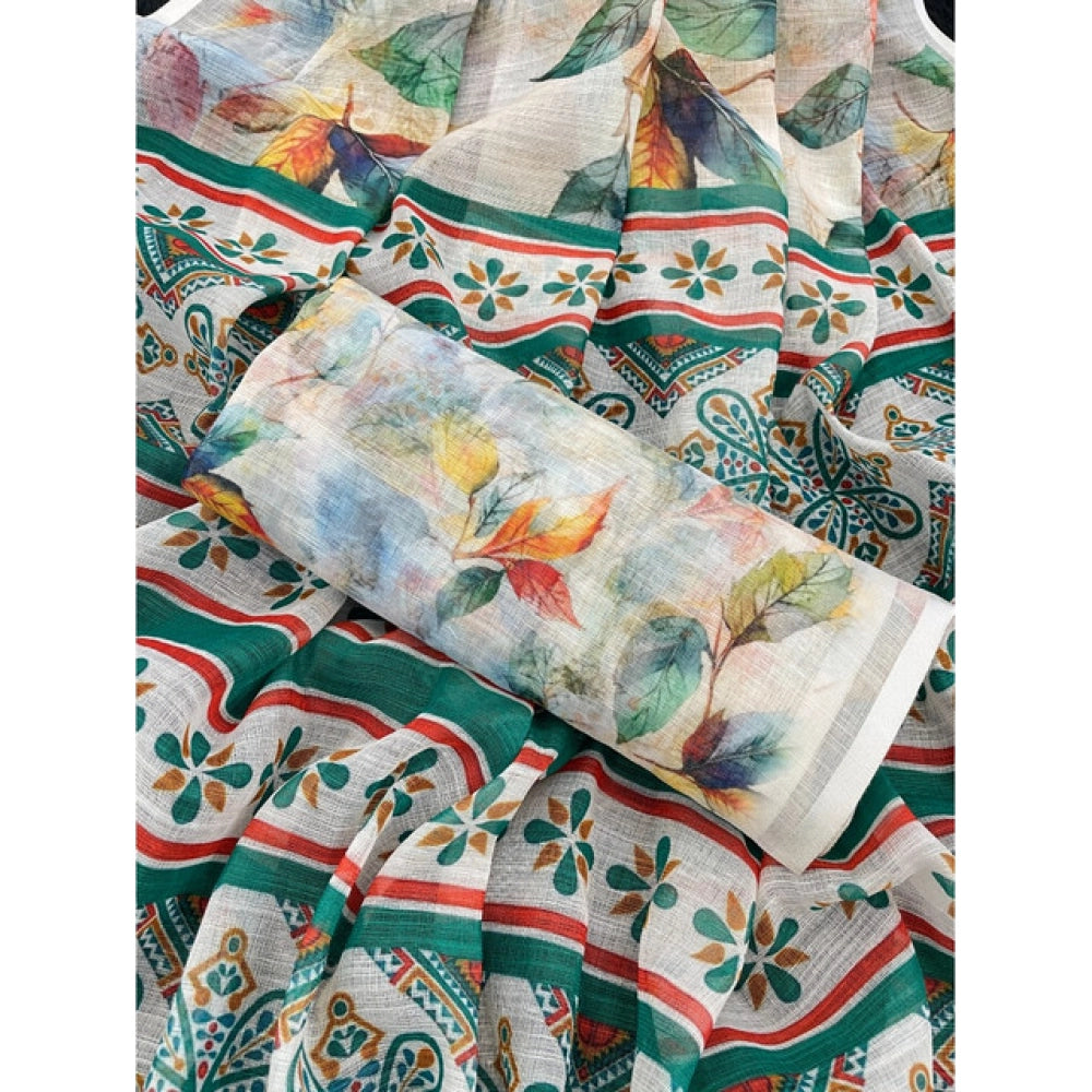 Amfyn Women's Linen Cotton  Printed Saree With Unstitched Blouse 5.5Mtr (Green)