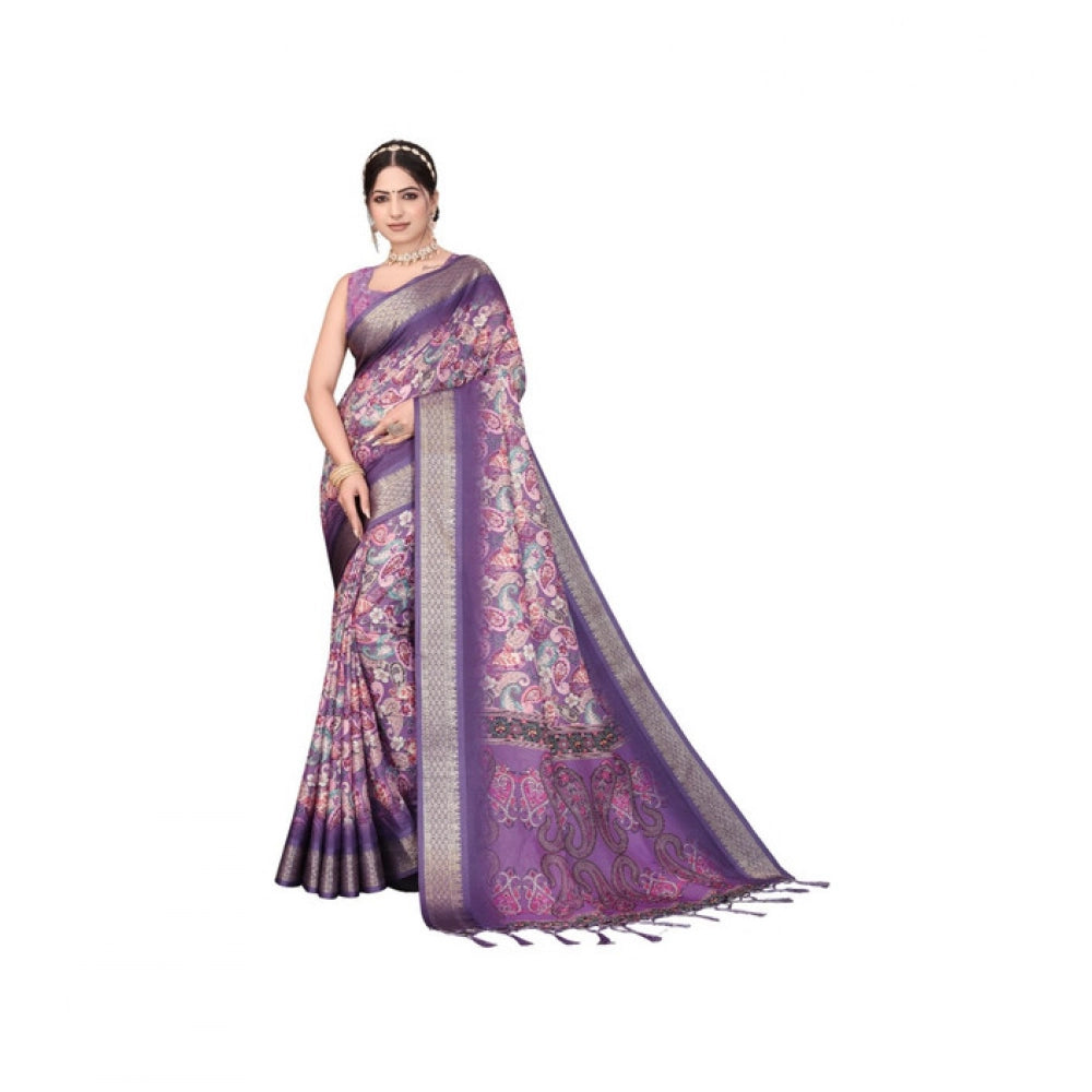 Amfyn Women's Cotton Silk  Printed Saree With Unstitched Blouse 5.5Mtr (Purple)