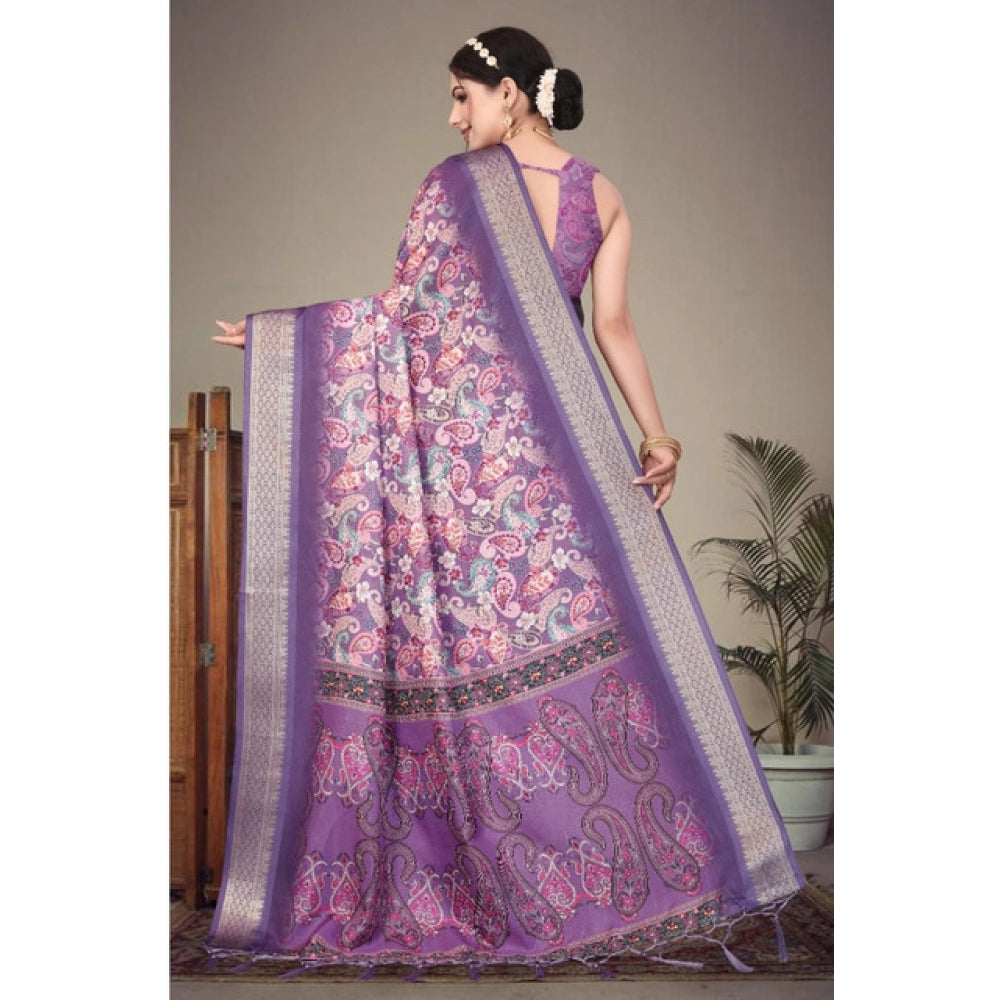 Amfyn Women's Cotton Silk  Printed Saree With Unstitched Blouse 5.5Mtr (Purple)
