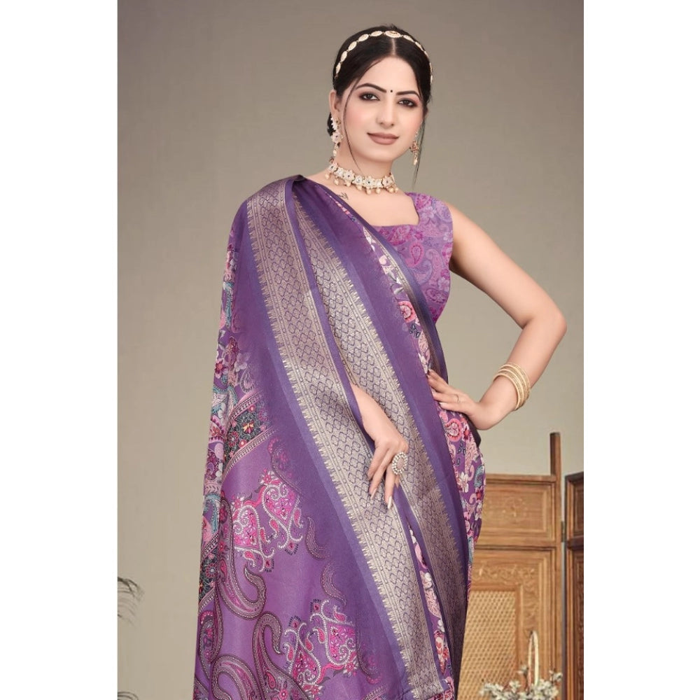Amfyn Women's Cotton Silk  Printed Saree With Unstitched Blouse 5.5Mtr (Purple)