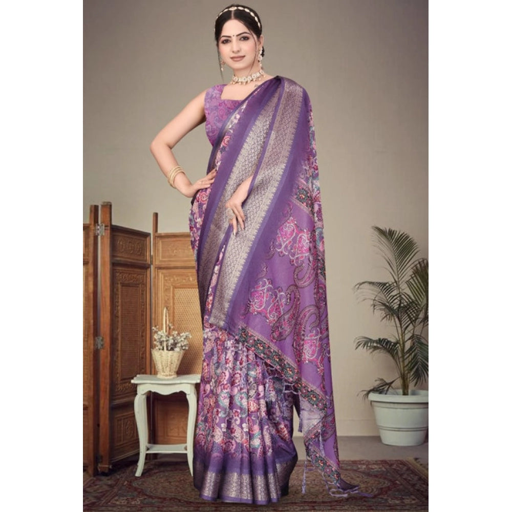 Amfyn Women's Cotton Silk  Printed Saree With Unstitched Blouse 5.5Mtr (Purple)