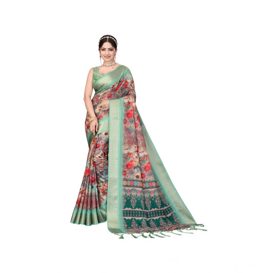 Amfyn Women's Cotton Silk  Printed Saree With Unstitched Blouse 5.5Mtr (Light Green)