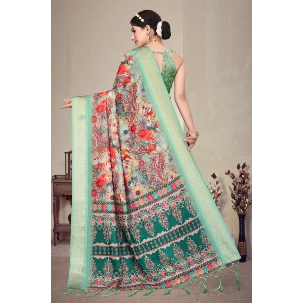 Amfyn Women's Cotton Silk  Printed Saree With Unstitched Blouse 5.5Mtr (Light Green)