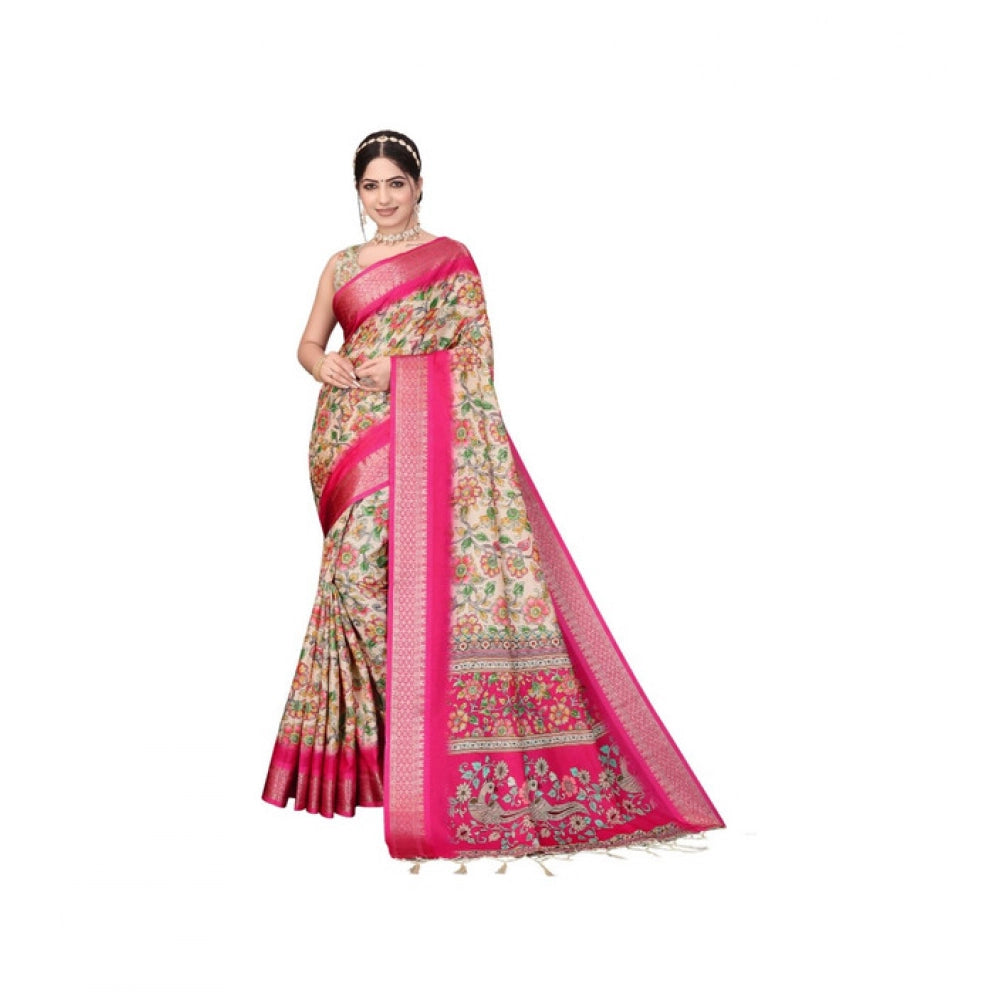 Amfyn Women's Cotton Silk  Printed Saree With Unstitched Blouse 5.5Mtr (Pink)