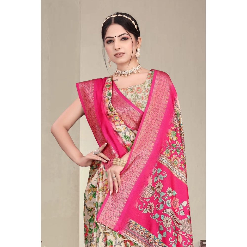 Amfyn Women's Cotton Silk  Printed Saree With Unstitched Blouse 5.5Mtr (Pink)