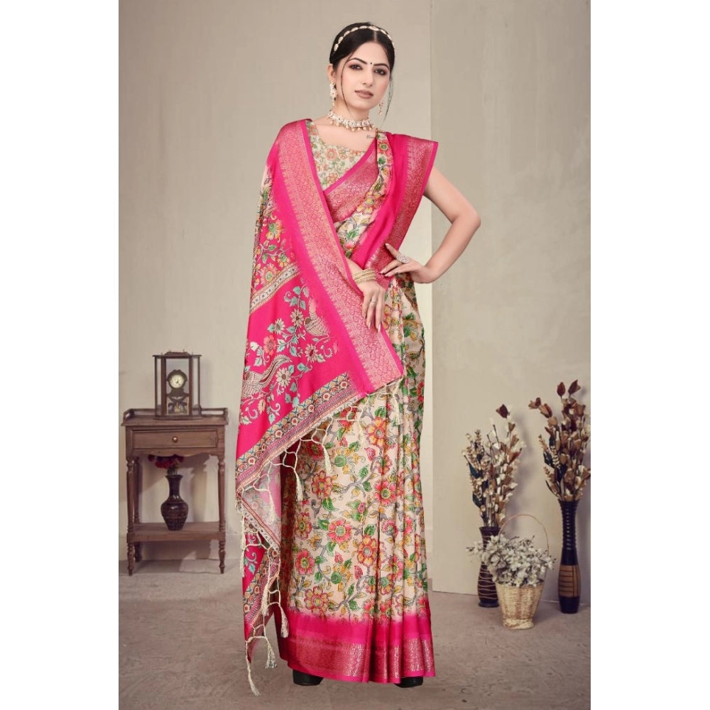 Amfyn Women's Cotton Silk  Printed Saree With Unstitched Blouse 5.5Mtr (Pink)