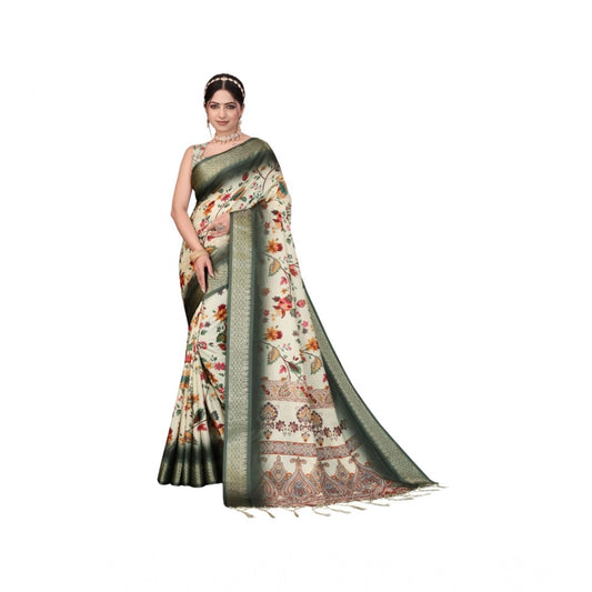 Amfyn Women's Cotton Silk  Printed Saree With Unstitched Blouse 5.5Mtr (Green)