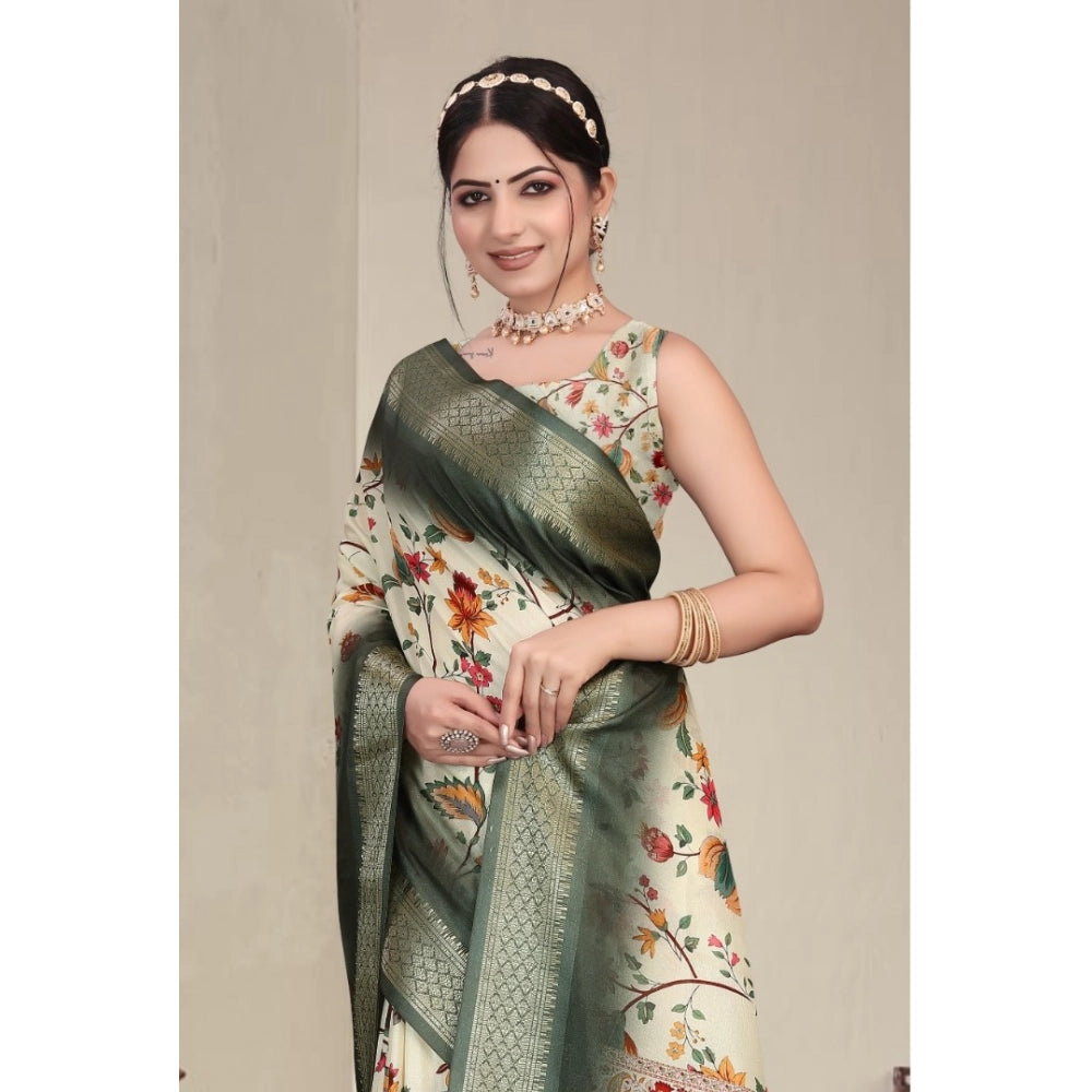 Amfyn Women's Cotton Silk  Printed Saree With Unstitched Blouse 5.5Mtr (Green)