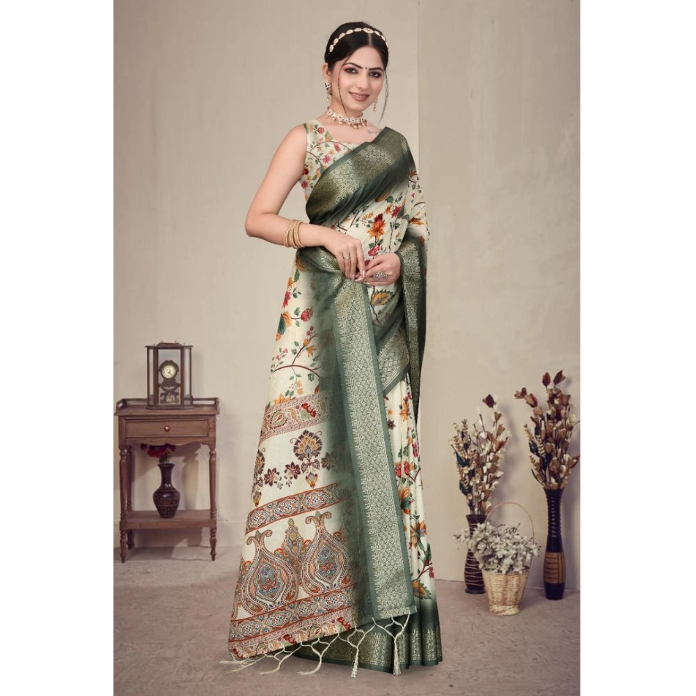 Amfyn Women's Cotton Silk  Printed Saree With Unstitched Blouse 5.5Mtr (Green)
