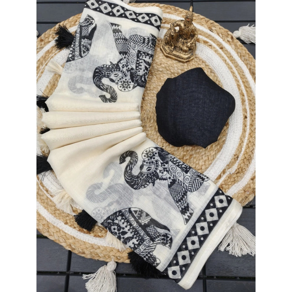 Amfyn Women's Linen Cotton Printed Saree With Unstitched Blouse 5.5Mtr (Cream &amp; Black)