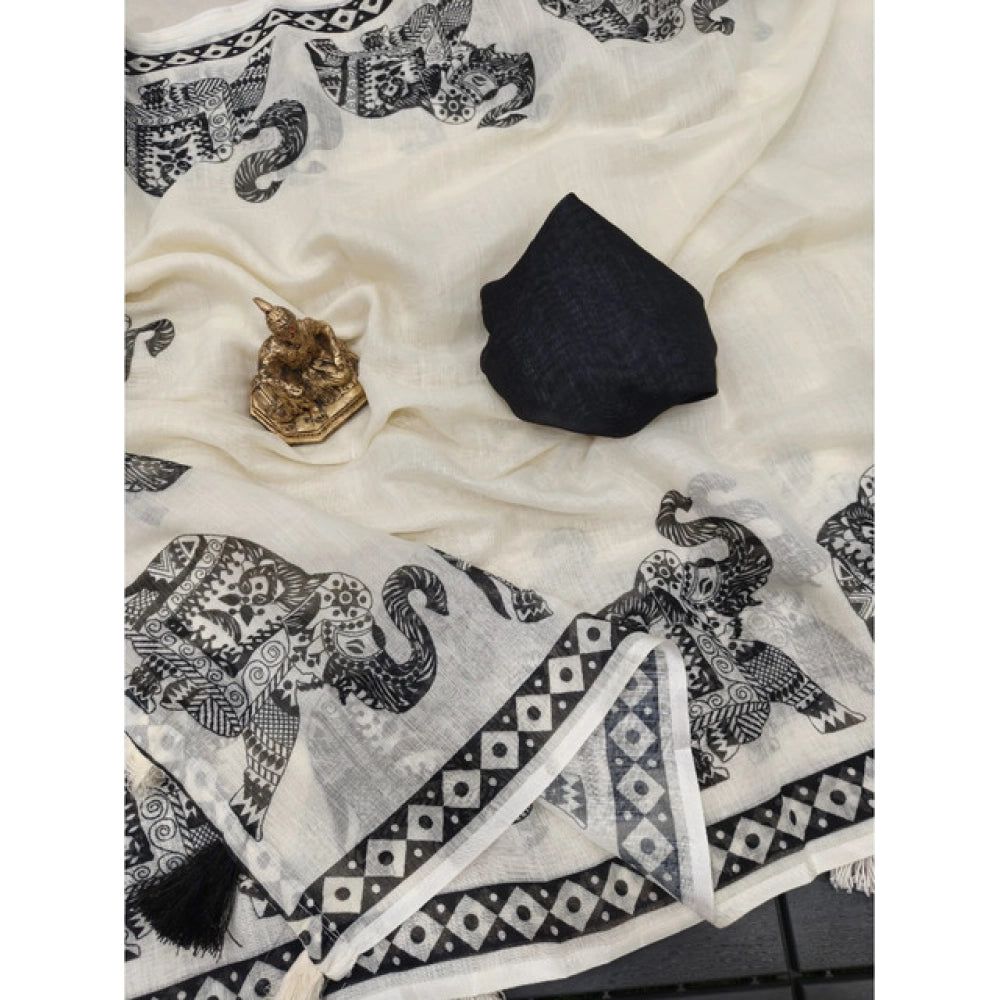 Amfyn Women's Linen Cotton Printed Saree With Unstitched Blouse 5.5Mtr (Cream &amp; Black)