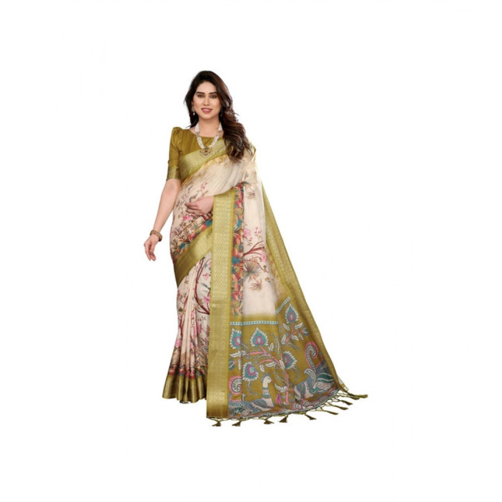 Amfyn Women's Cotton Silk  Printed Saree With Unstitched Blouse 5.5Mtr (Olive Green)