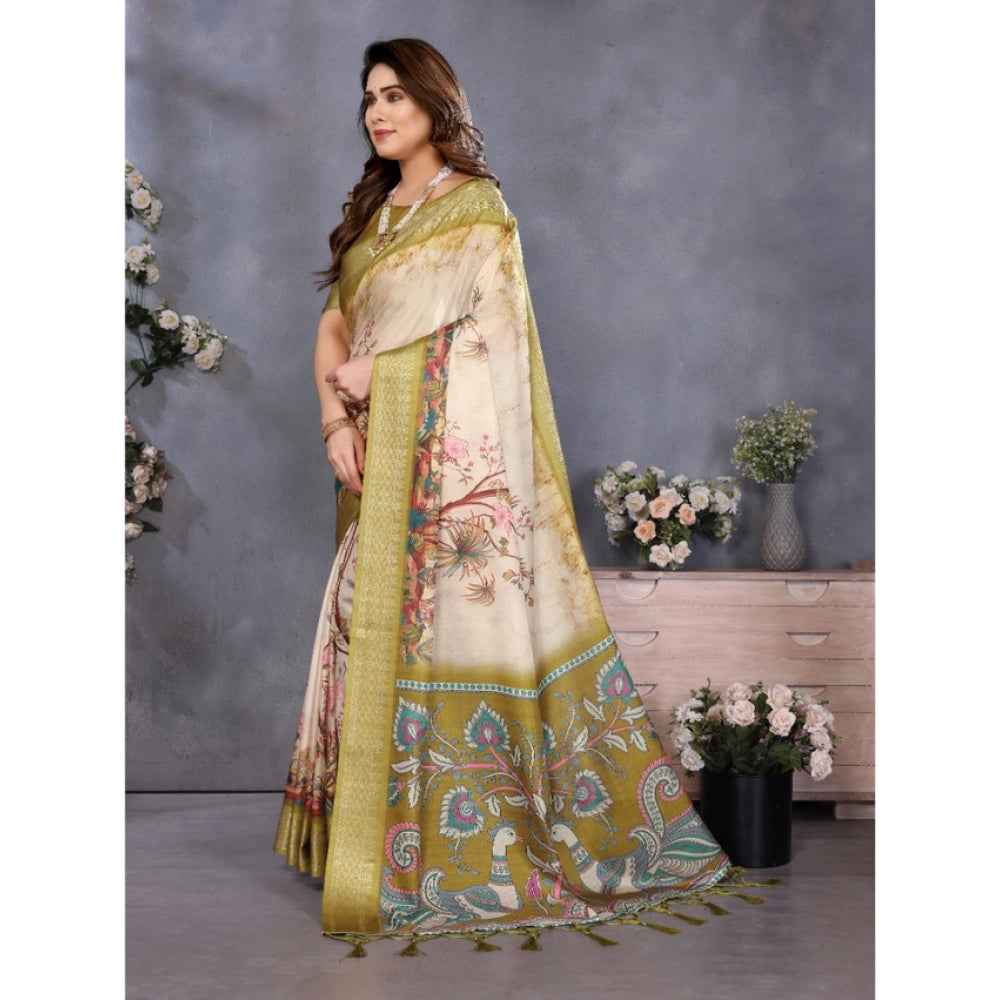 Amfyn Women's Cotton Silk  Printed Saree With Unstitched Blouse 5.5Mtr (Olive Green)