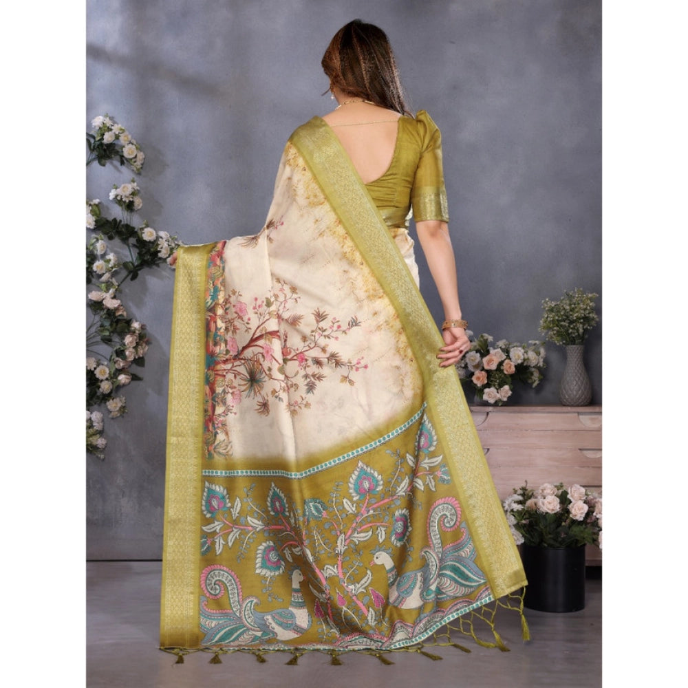 Amfyn Women's Cotton Silk  Printed Saree With Unstitched Blouse 5.5Mtr (Olive Green)