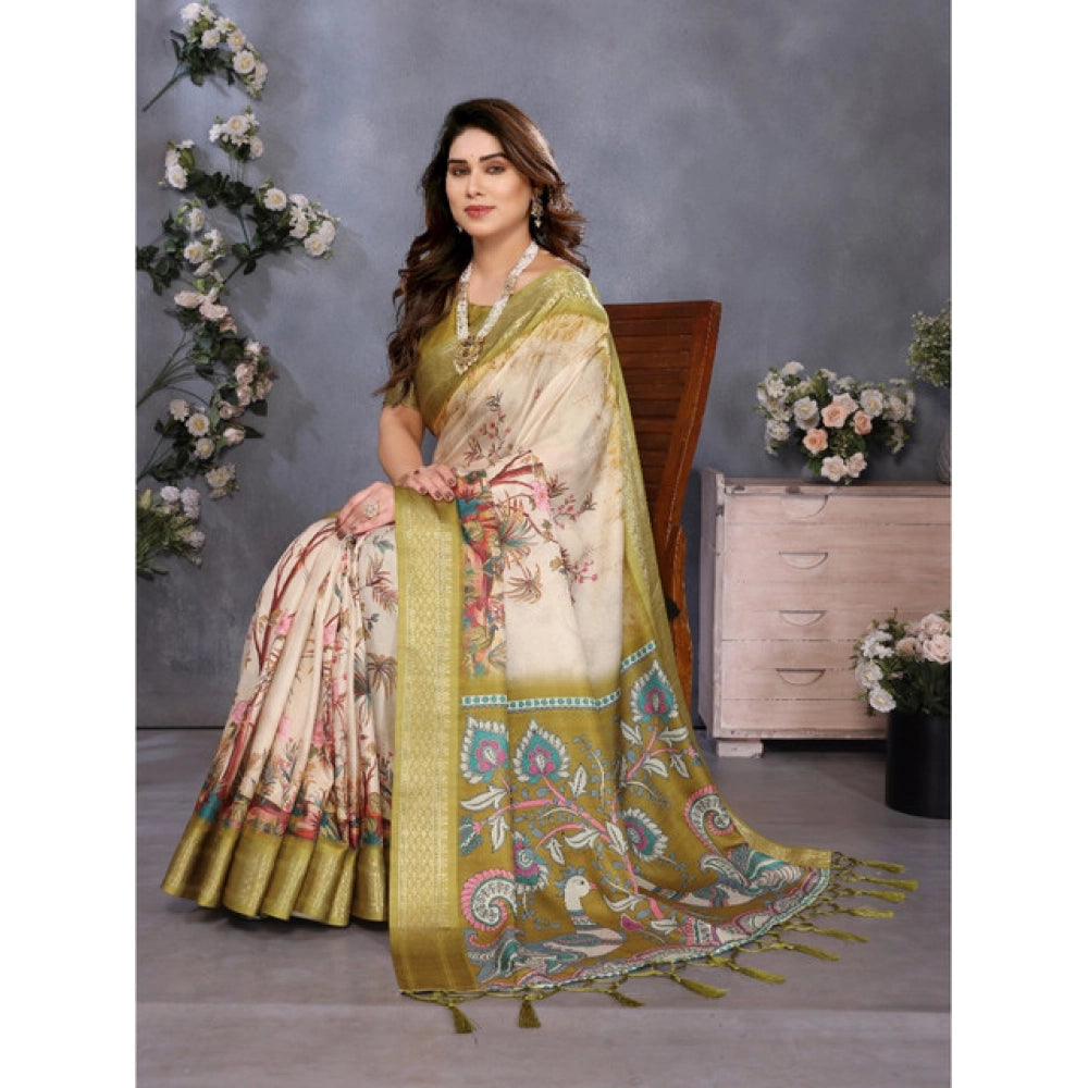 Amfyn Women's Cotton Silk  Printed Saree With Unstitched Blouse 5.5Mtr (Olive Green)