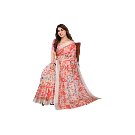 Amfyn Women's Linen Cotton  Printed Saree With Unstitched Blouse 5.5Mtr (Orange )